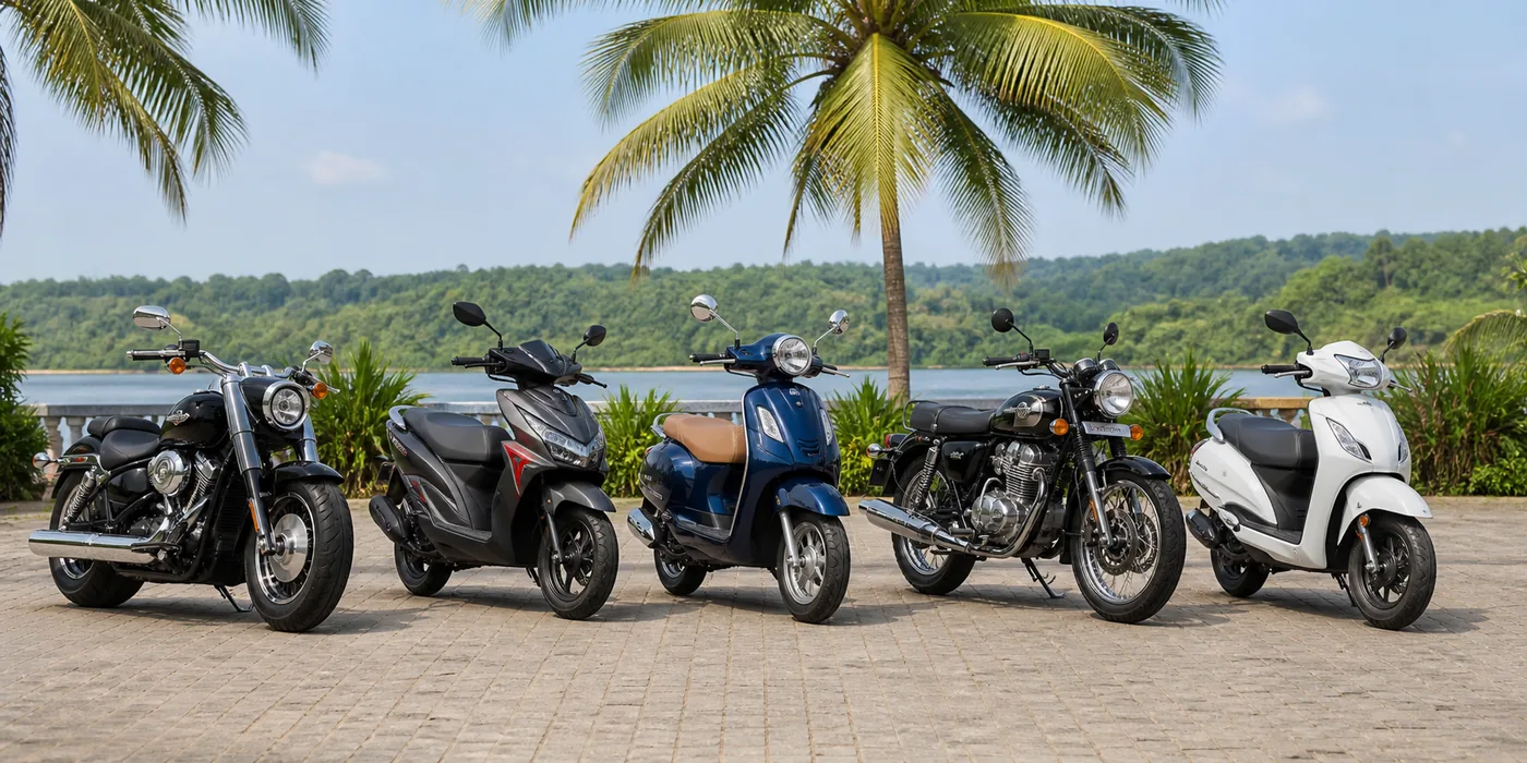 Harley-Davidson, Dio, Yamaha Fascino, Royal Enfield Bullet and Activa rental fleet in Goa
