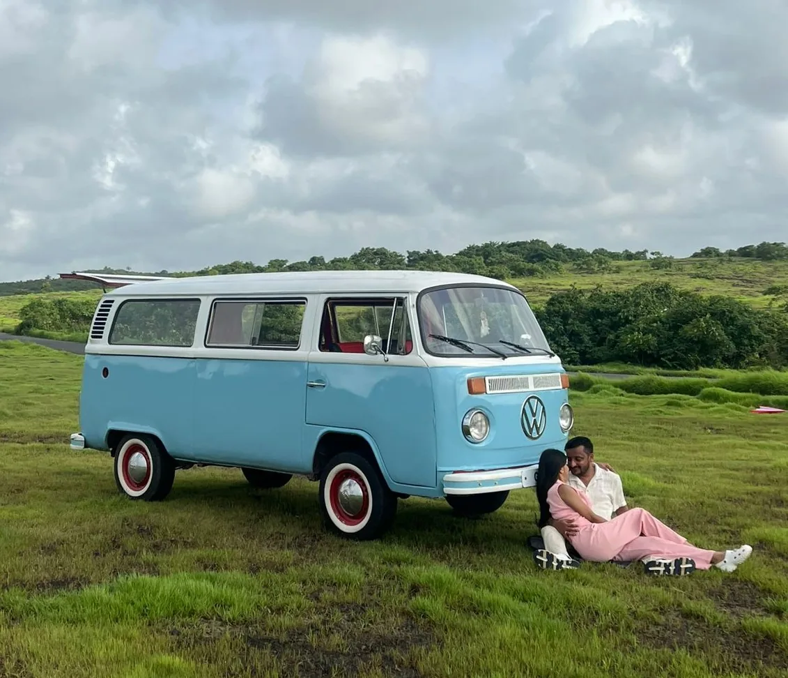 Blue and white vintage Volkswagen wedding van in Goa